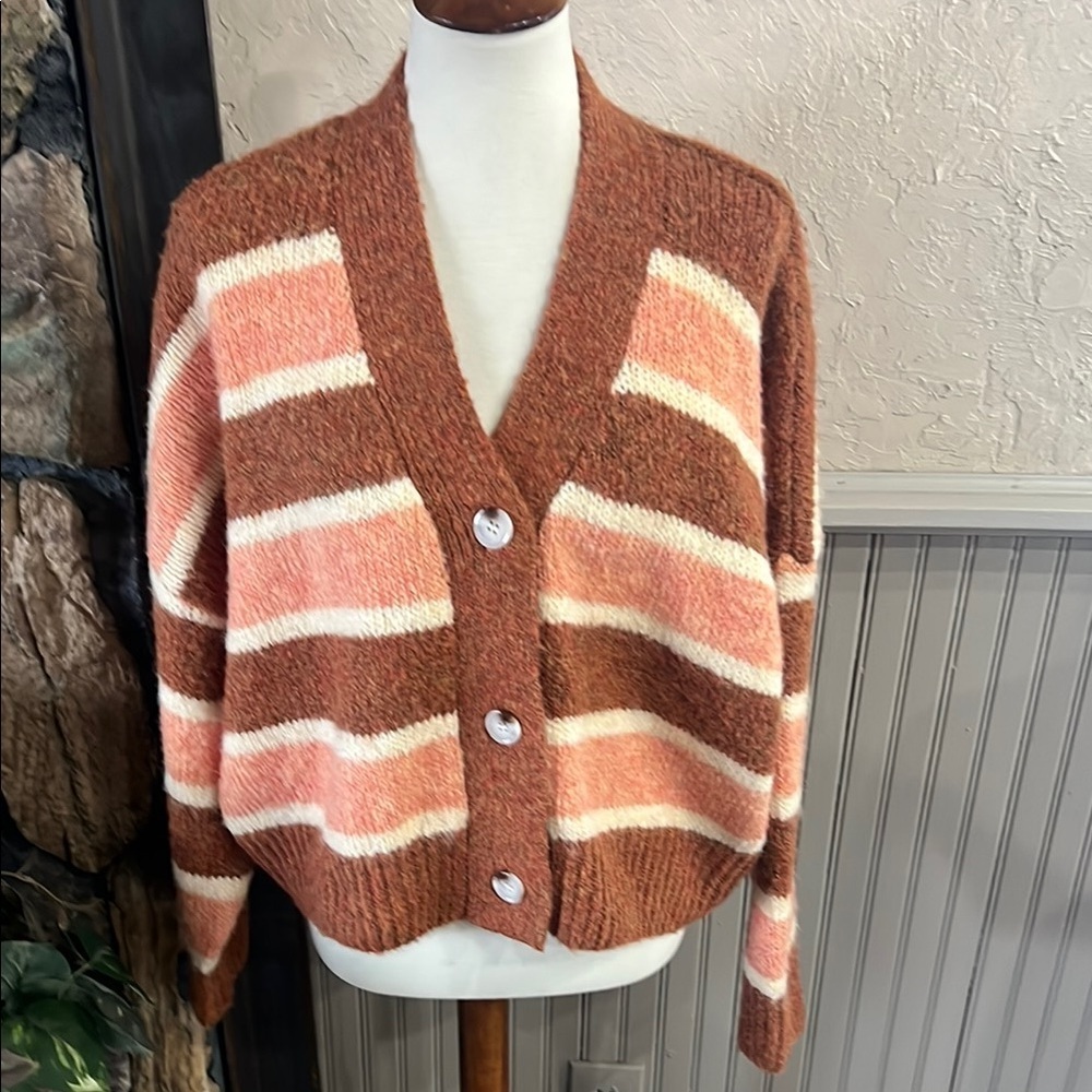 Lost + Wander Brown and Peach Striped Cardigan